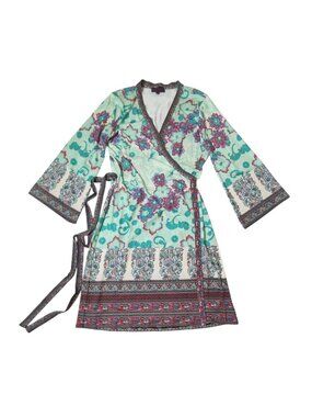 Hale Bob Floral Wrap Dress Medium Boho  Kimono Bell Sleeves Art to Wear Floral